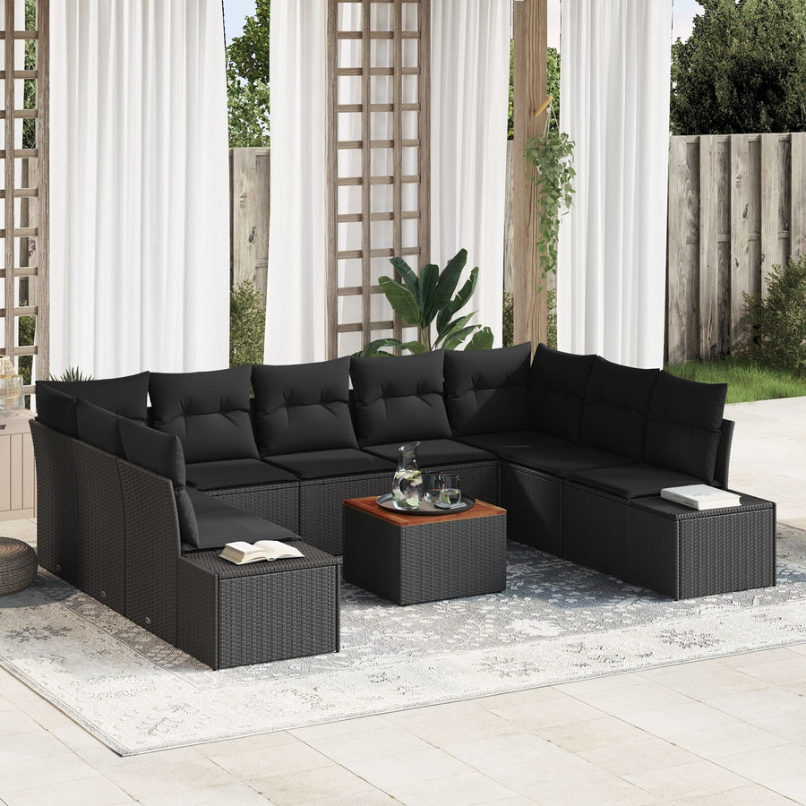10-Delige Tuin Sofa Set Met Kussens Zwart Poly Rattan Acacia