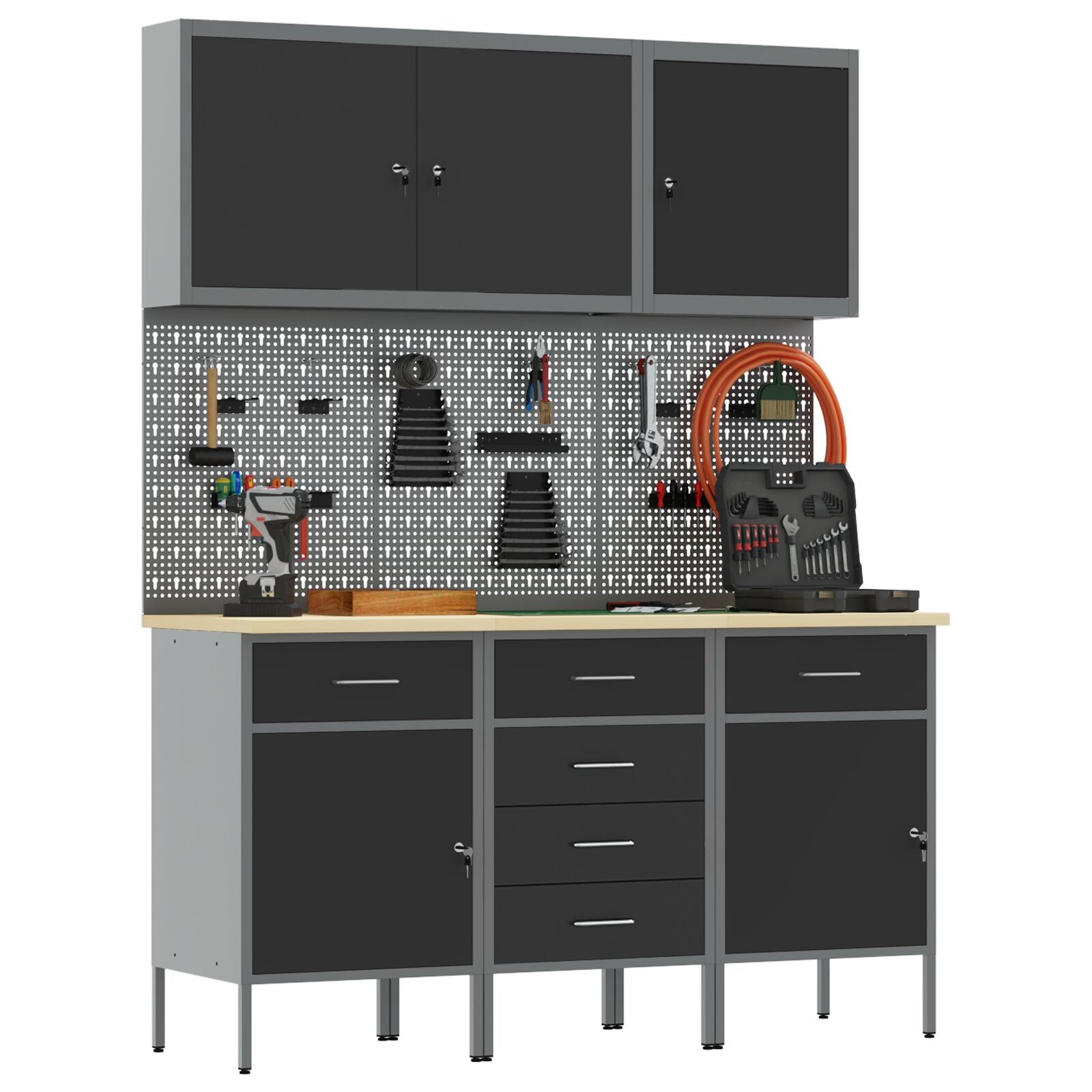 8-Delige Werkcabinet En Pegboard Set Mdf En Metaal 3x (84/84/85 cm) Zwart 3x kast + 3x pegboard + 2x gereedschap kast