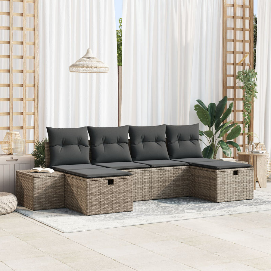 6-Delige Tuin Sofaset Met Kussens Grijs Poly Rattan