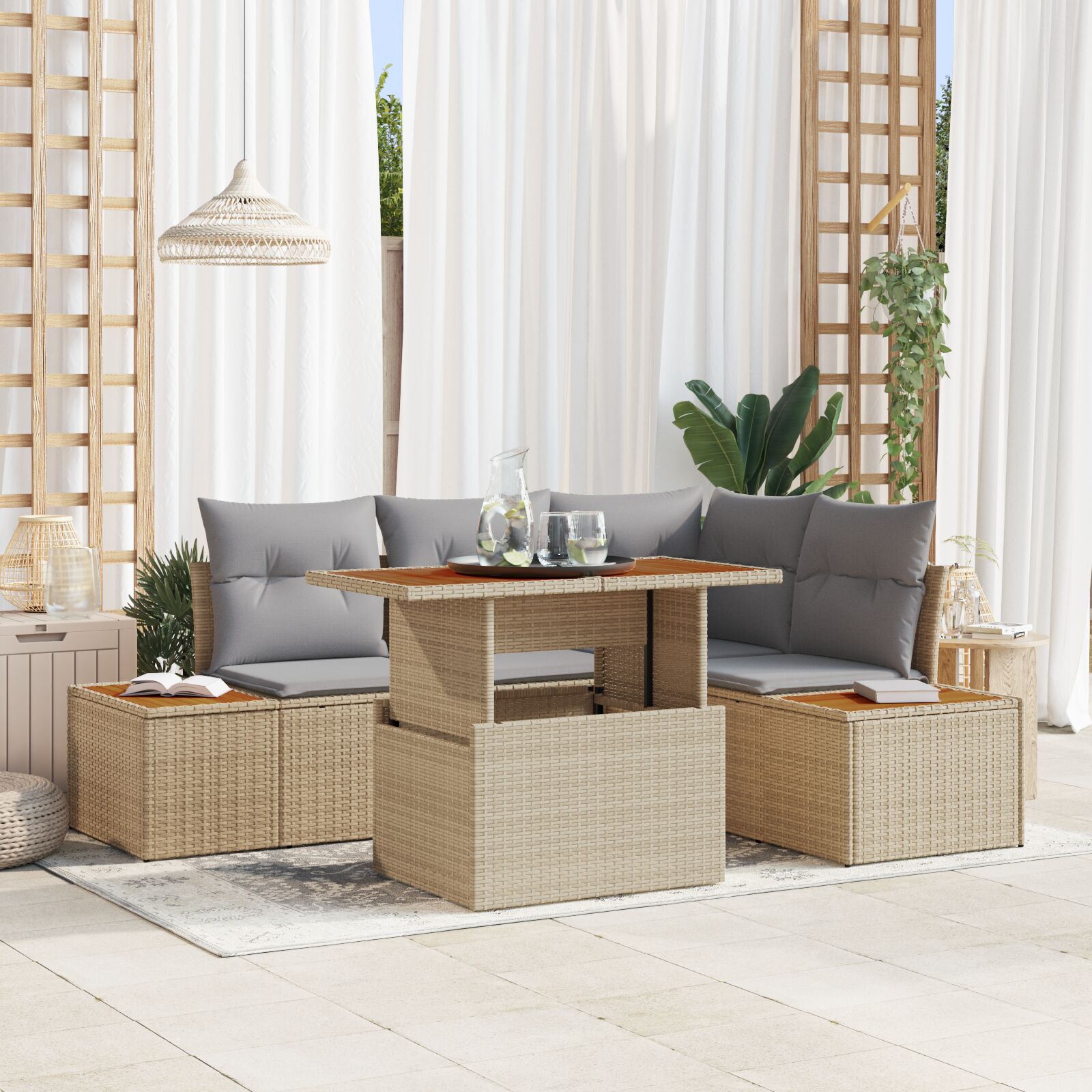 Tuinbank Set Set Van 5 Beige En Grijs Riet En Polyester Stof Kussen
