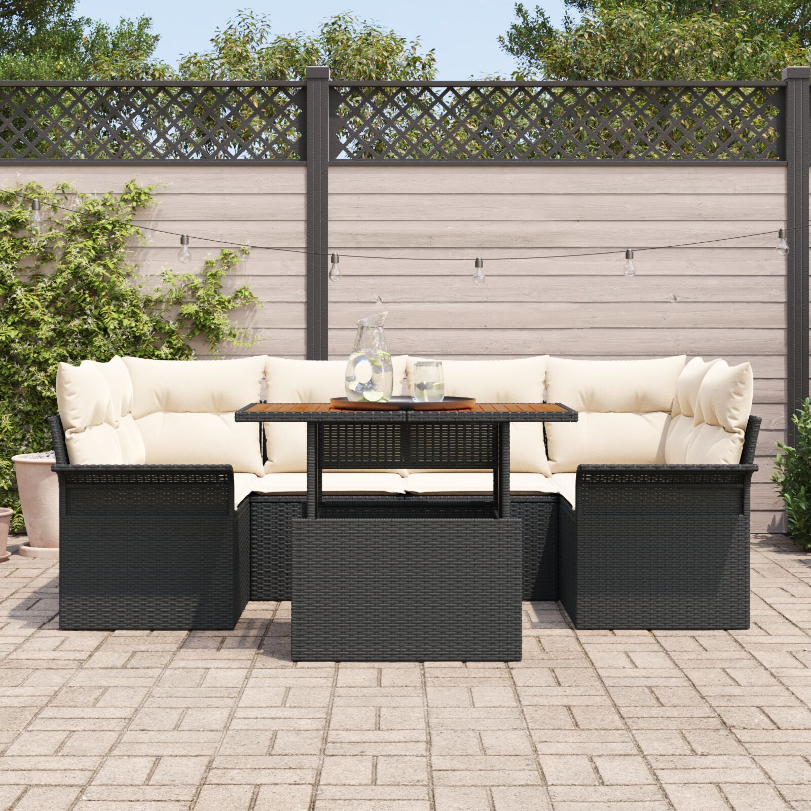 7-Delige Tuin Sofaset Met Kussens Zwarte Poly Rattan Acacia