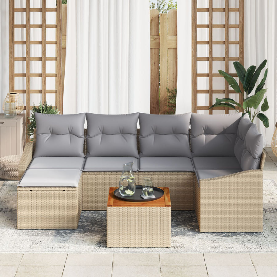 7-Delige Tuin Sofa Set Met Kussens Beige Poly Rattan Acacia