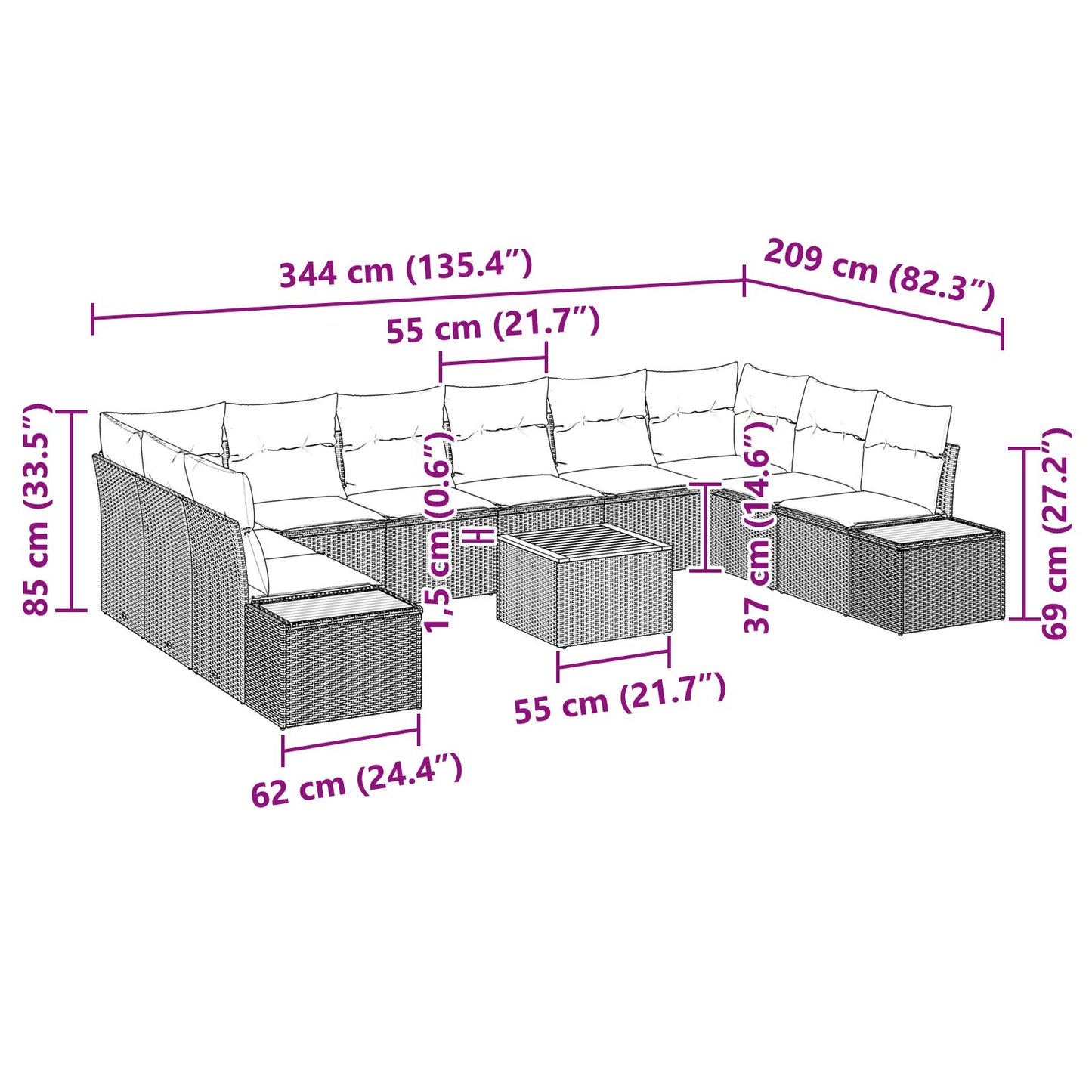 11-Delige Tuin Sofa Set Met Kussens Grijs Poly Rattan Acacia