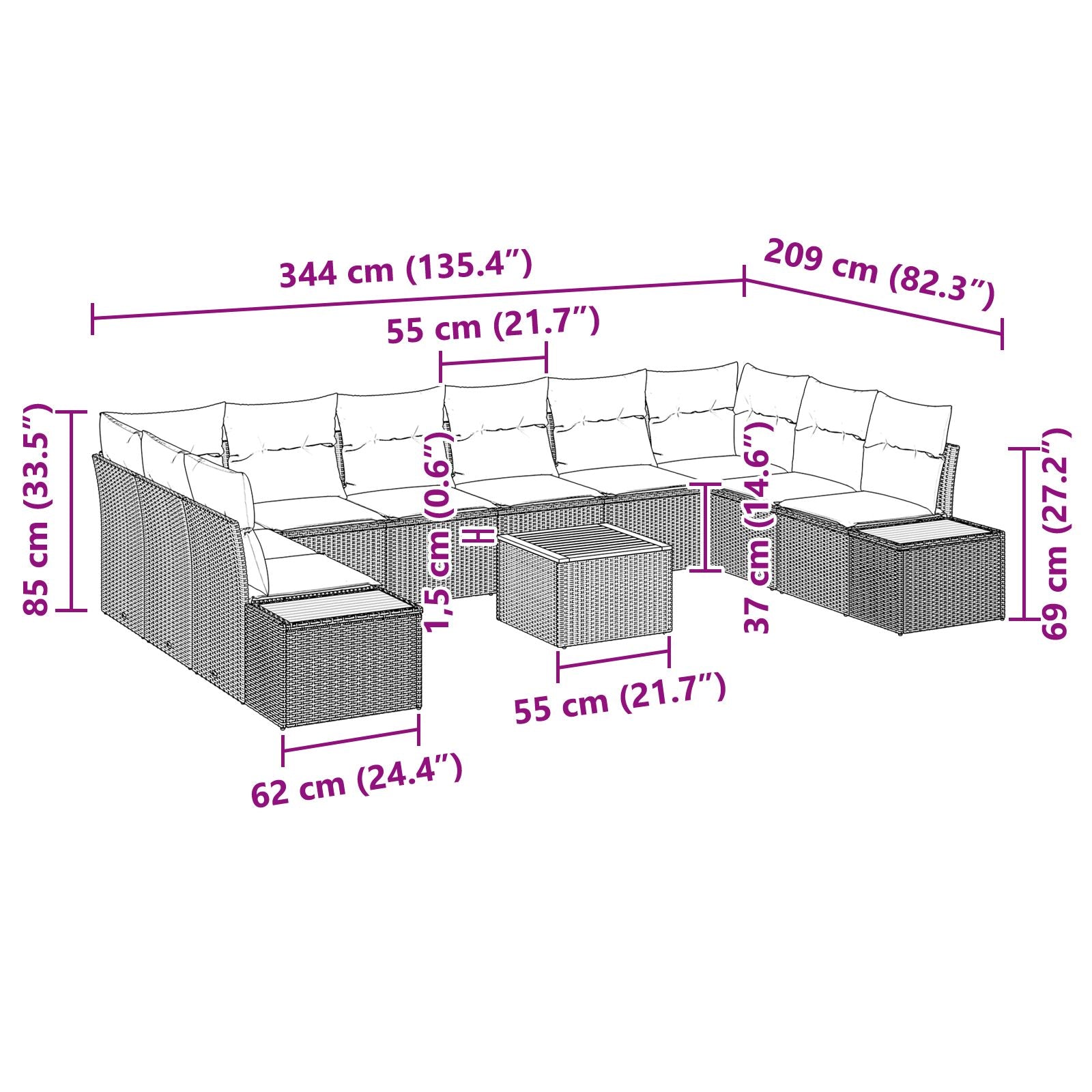 11-Delige Tuin Sofa Set Met Kussens Grijs Poly Rattan Acacia