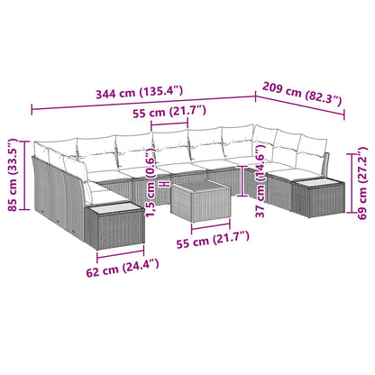 11-Delige Tuin Sofa Set Met Kussens Grijs Poly Rattan Acacia
