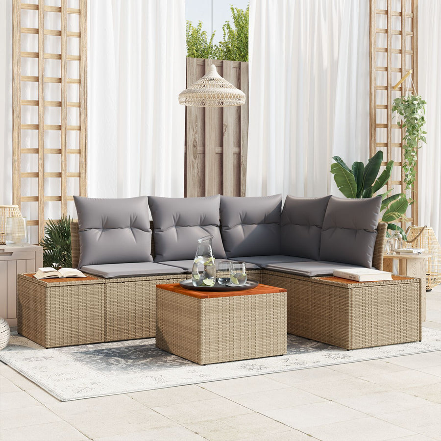 5 Delige Tuin Sofaset Met Kussens Beige Poly Rattan Acacia