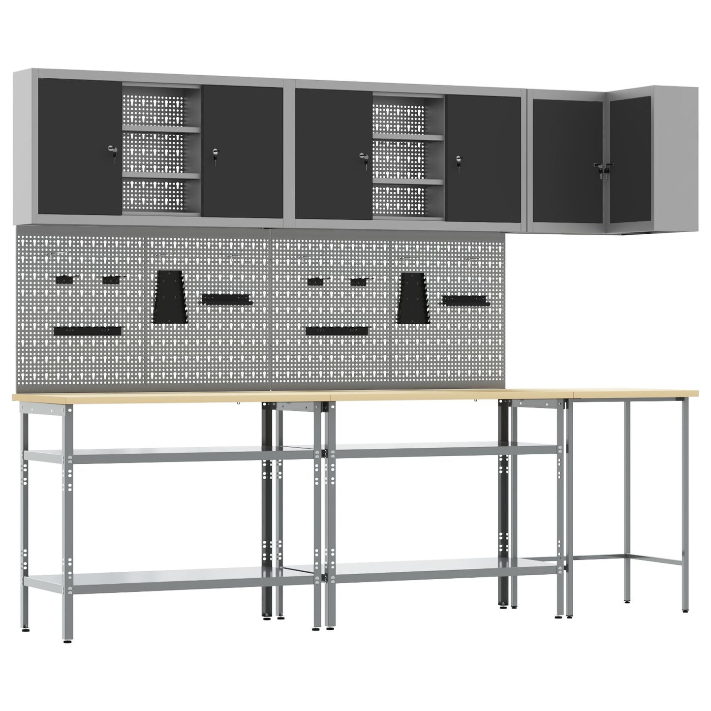 10-Delig Gereedschapsopslagtafelset Geperst Hout En Metaal 100 cm cabinet met pegboard Zwart 3x tafel + 4x cabinet + 6x pegboard