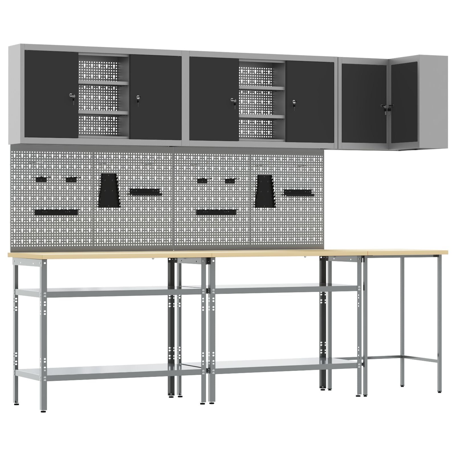 10-Delig Gereedschapsopslagtafelset Geperst Hout En Metaal 100 cm cabinet met pegboard Zwart 3x tafel + 4x cabinet + 6x pegboard