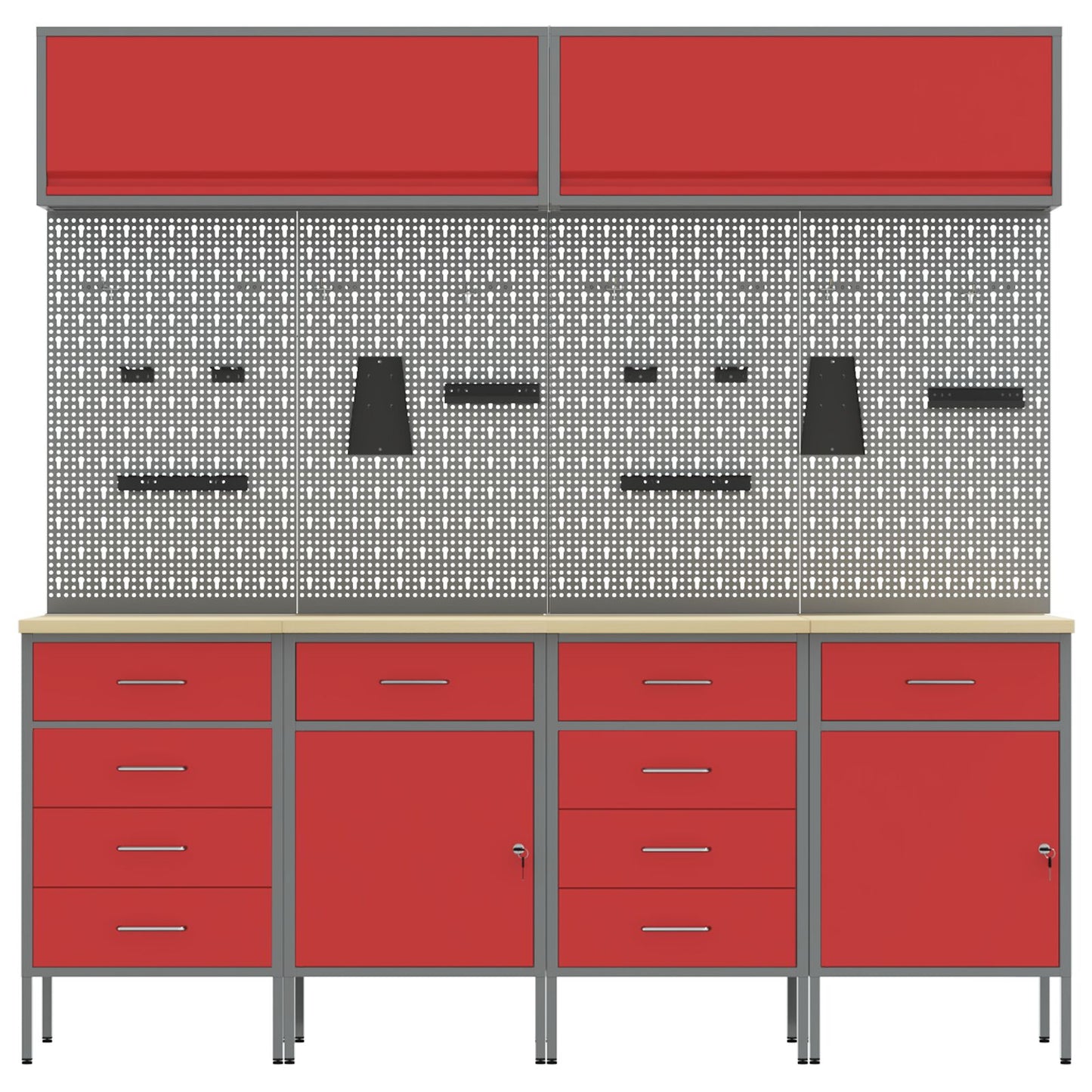 10-Delige Werkkast En Pegboard Set Mdf En Metaal 4x (2x84/2x85 cm) Rood 4x kast + 4x pegboard + 2x kast met deur