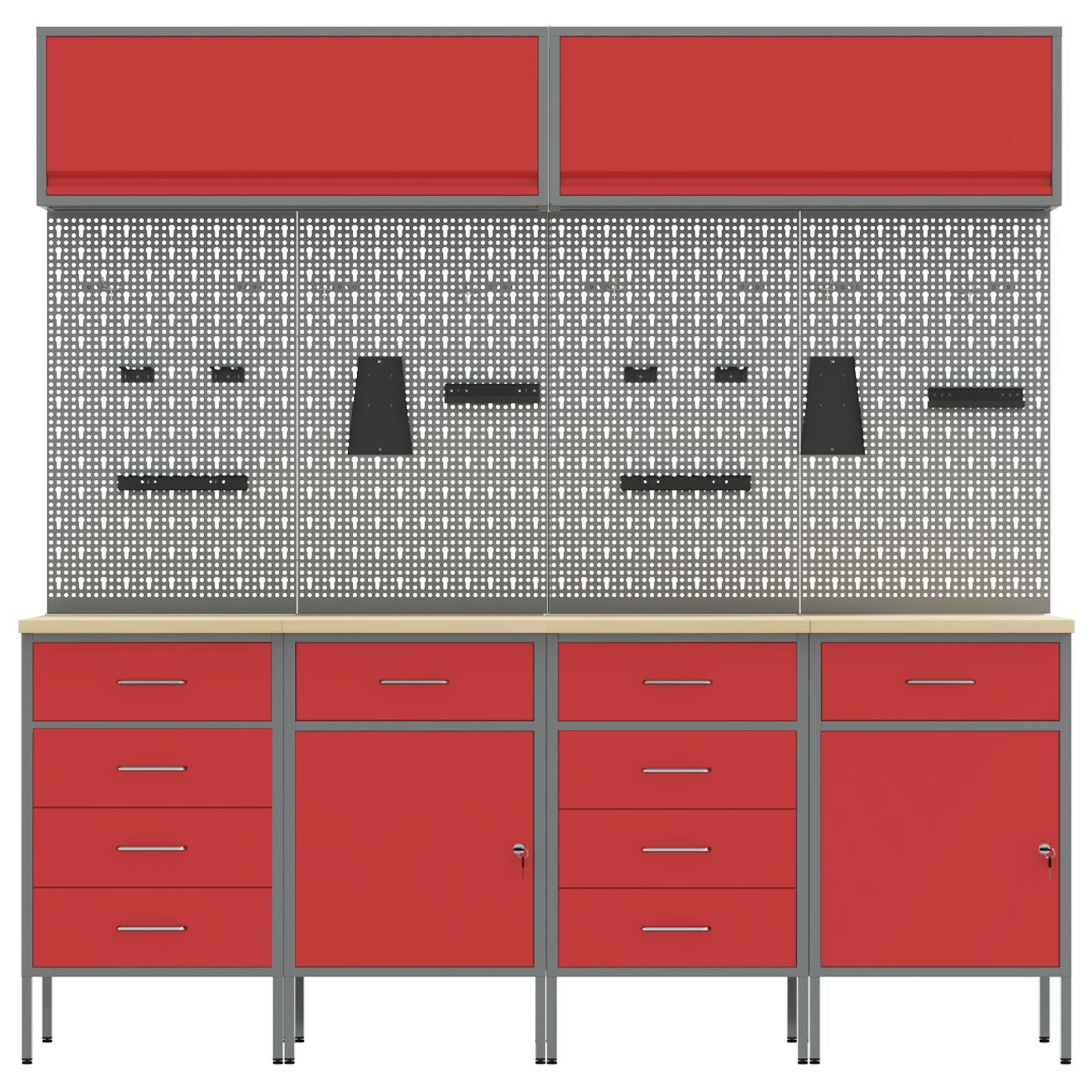 10-Delige Werkkast En Pegboard Set Mdf En Metaal 4x (2x84/2x85 cm) Rood 4x kast + 4x pegboard + 2x kast met deur