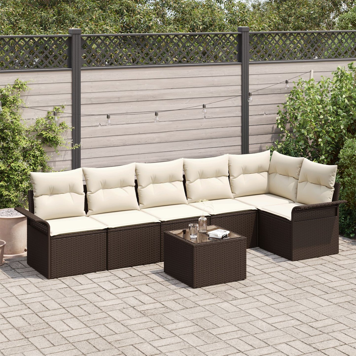 6-Delige Tuin Sofa Set Met Kussens Grijs Poly Rattan Bruin en crème met tafel