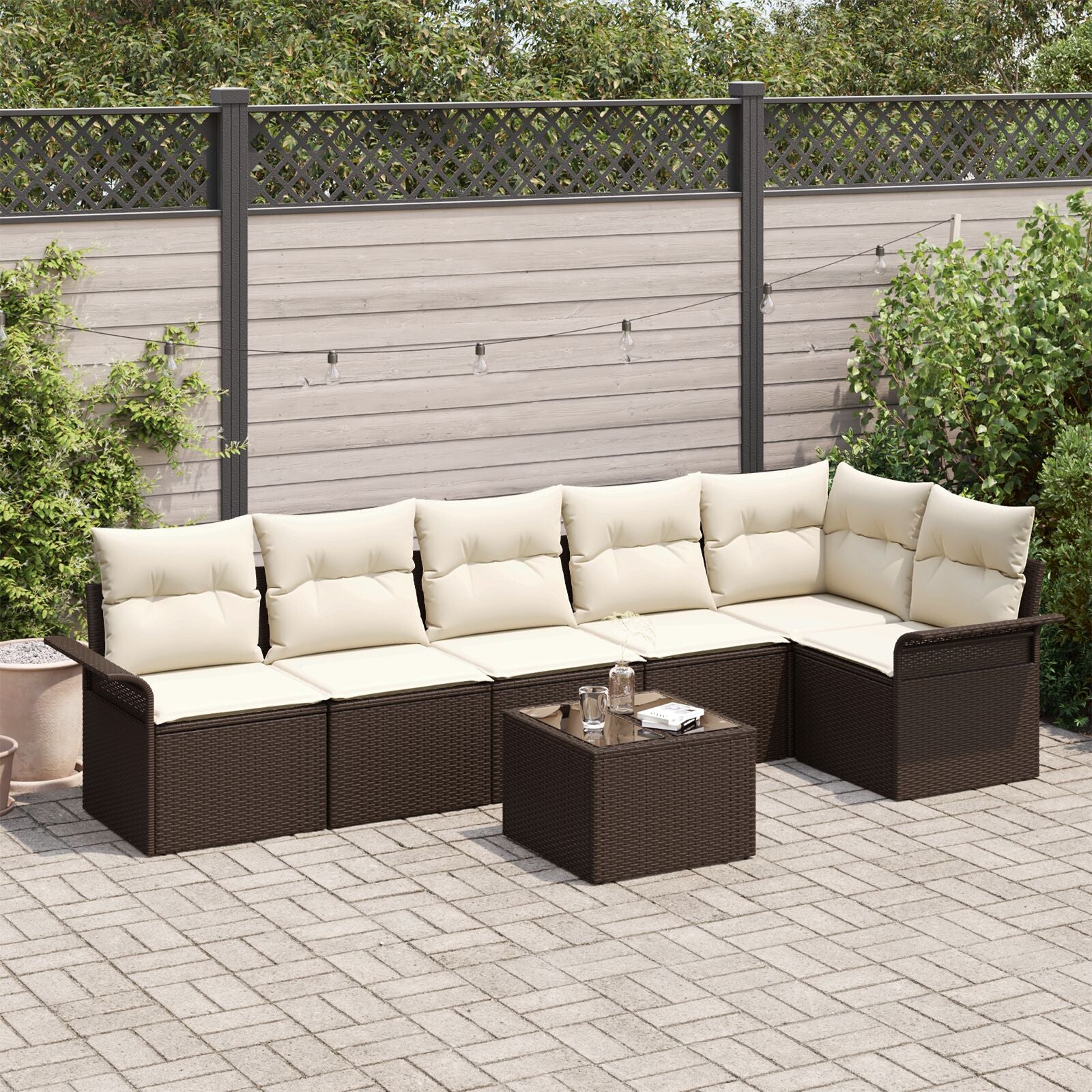 6-Delige Tuin Sofa Set Met Kussens Grijs Poly Rattan Bruin en crème met tafel