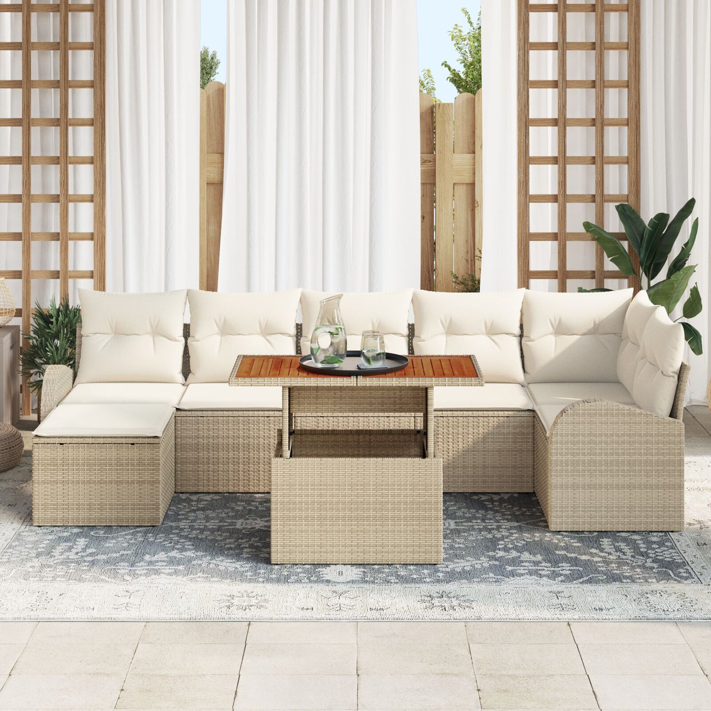 8-Delige Tuin Eetset Met Kussens Beige Poly Rattan Acacia