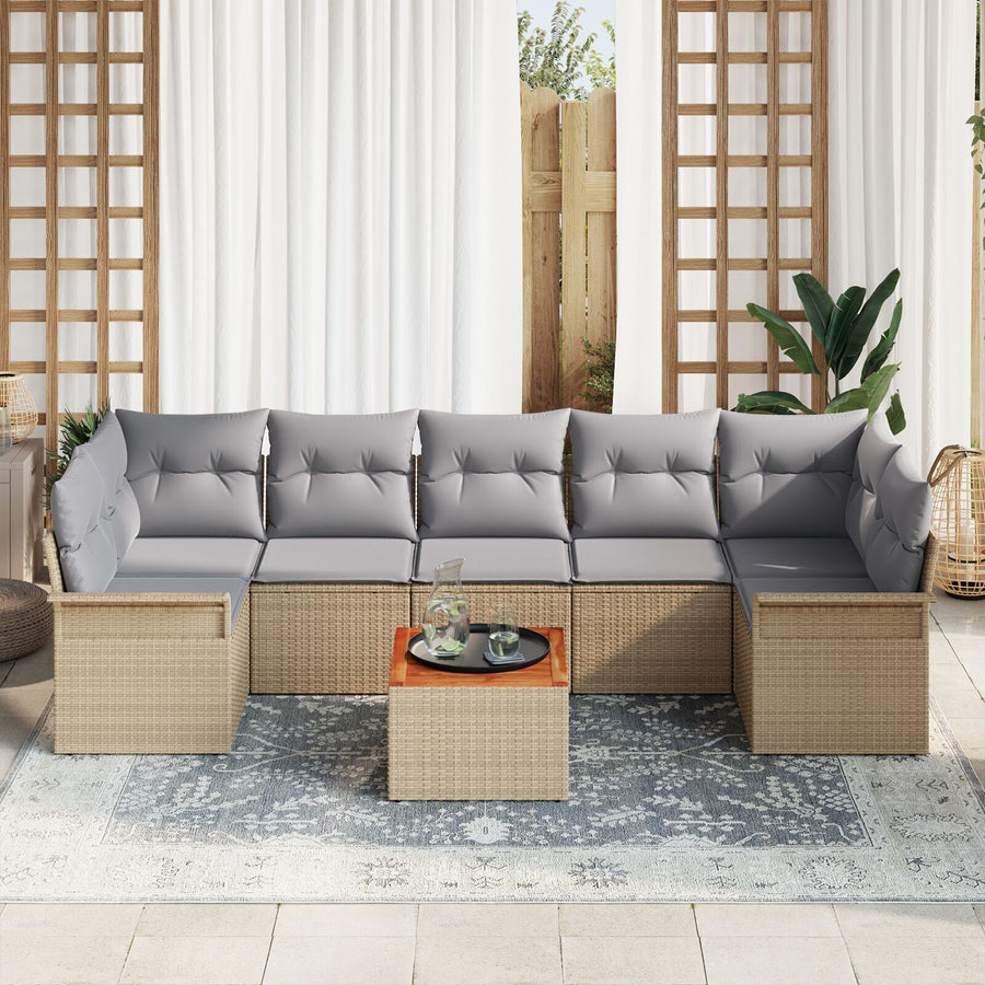8-Delige Tuinbankset Met Kussens Beige Poly Rattan Acacia