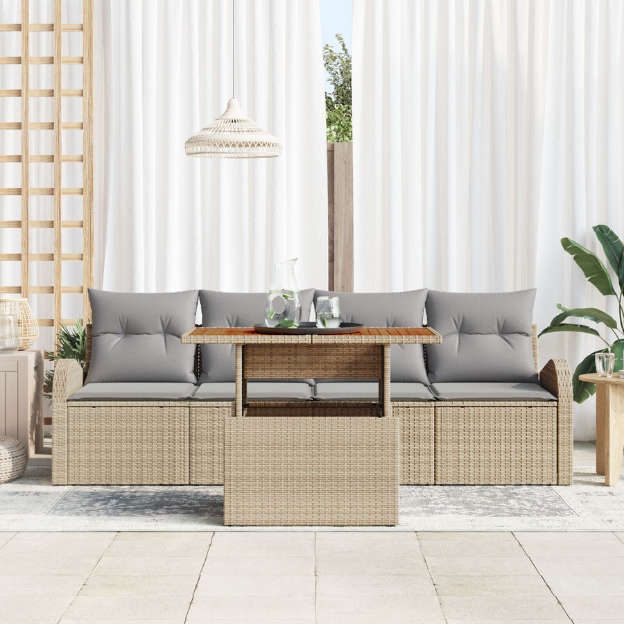 5 Delige Tuin Eetset Met Kussens Beige Poly Rattan Acacia
