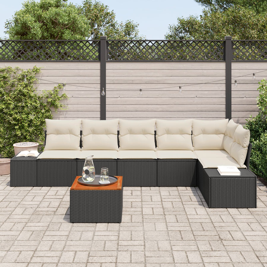 7-Delige Tuin Sofa Set Met Kussens Zwart Poly Rattan Acacia