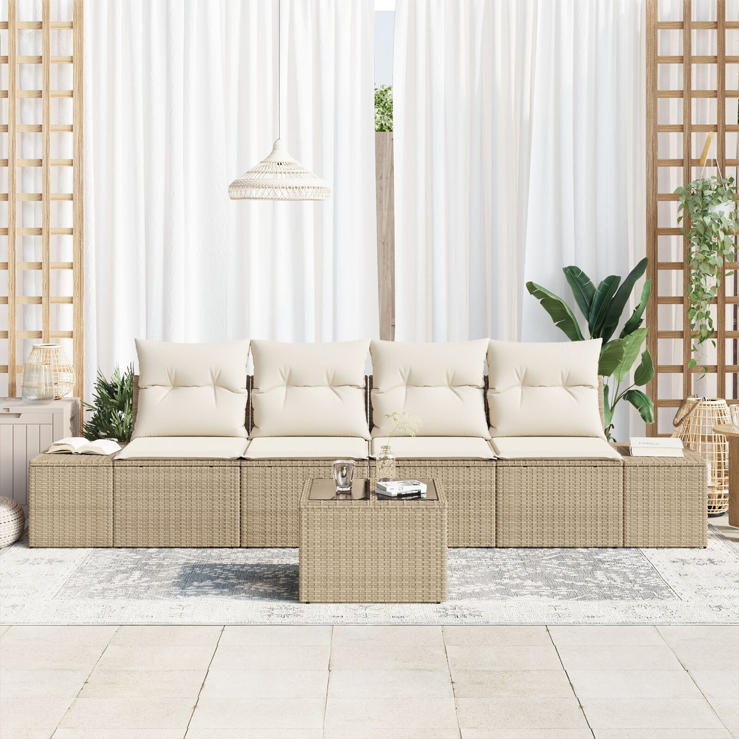 5-Delige Tuinset Met Kussens Beige Poly Rattan