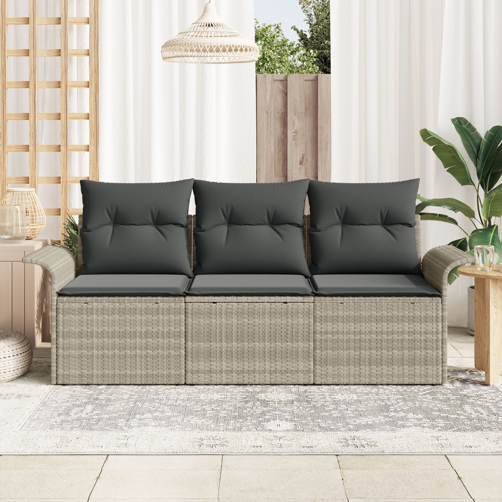 3-Delige Tuin Sofa Set Met Kussens Lichtgrijs Poly Rattan, 2-Zitter Tuin Sofa Met Opbergruimte & Kussens Lichtgrijs Poly Rattan Gegalvaniseerd Staal