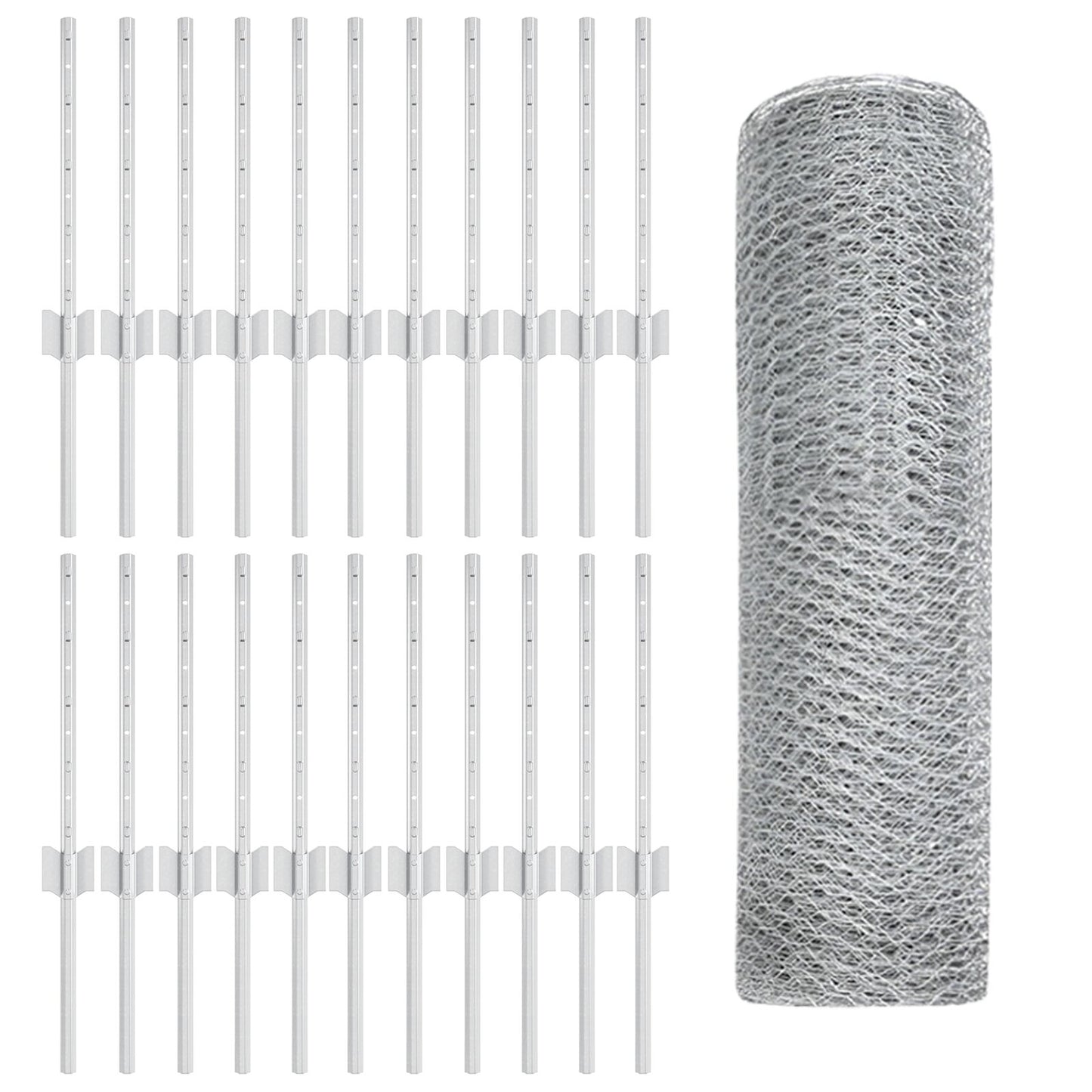 Hekposten 11 Stuks U-Kanaal 40 Cm Gegalvaniseerd Staal,  Zeshoekig Hek 0.4X50 M Gegalvaniseerd Staal