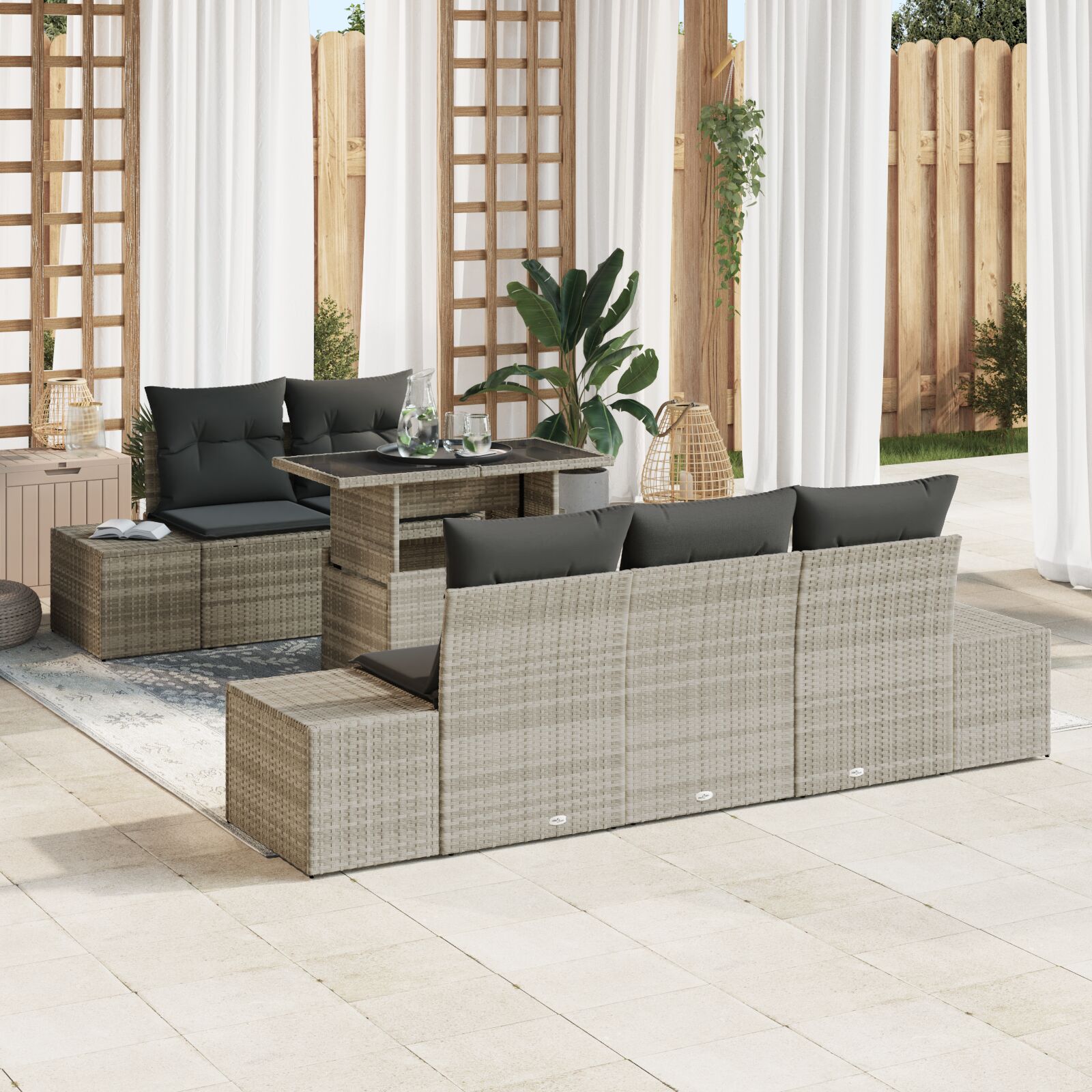 Tuin Sofa Set Set Van 6 Beige Rattan En Polyester Tuin Sofa Set