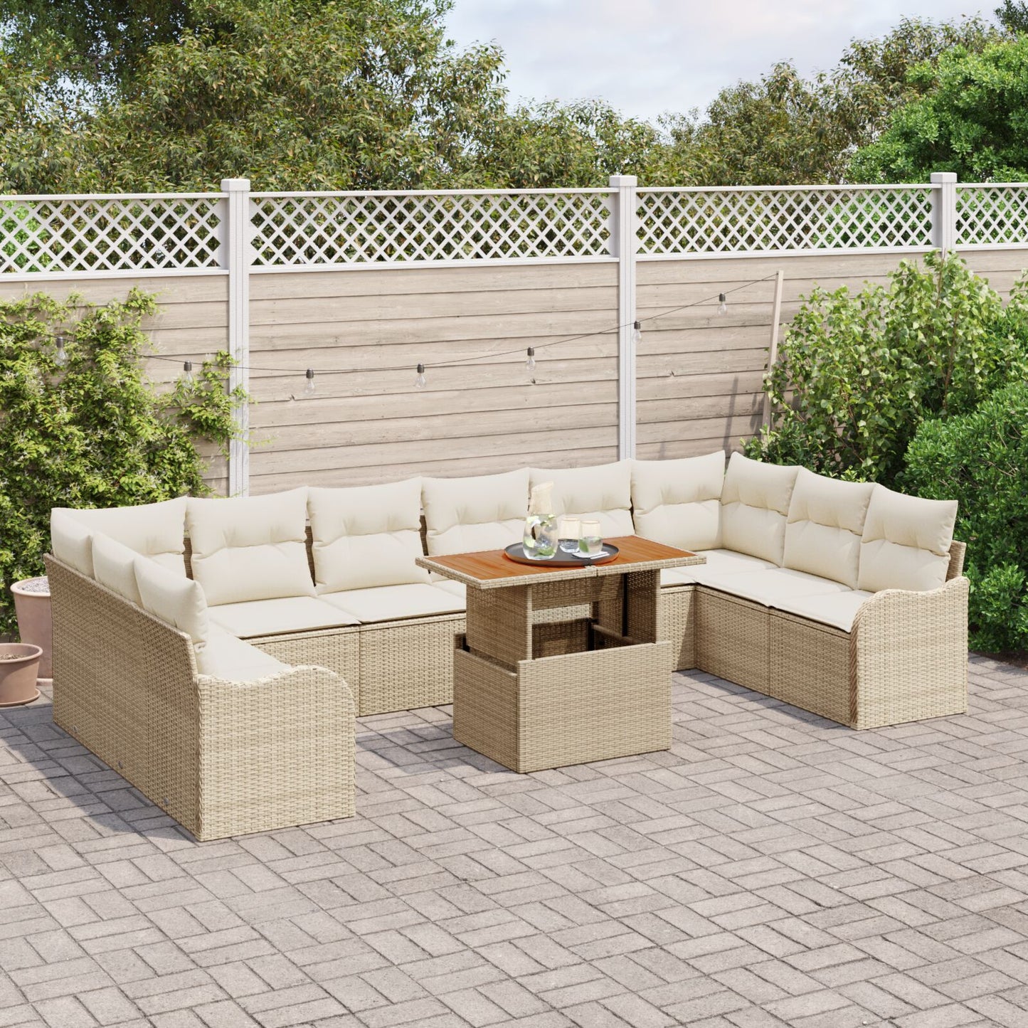 11-Delige Tuin Sofa Set Met Kussens Beige Poly Rattan,  2-Zitter Tuin Sofa Met Opbergruimte & Kussens Beige Poly Rattan