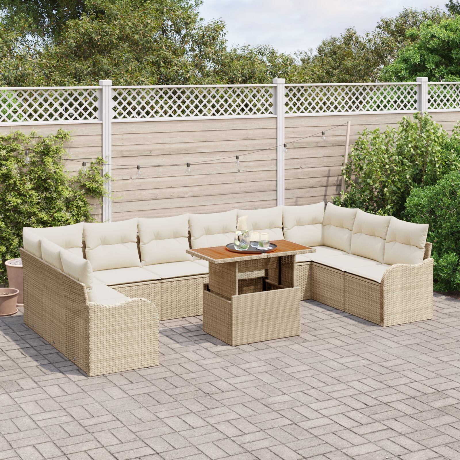 11-Delige Tuin Sofa Set Met Kussens Beige Poly Rattan,  2-Zitter Tuin Sofa Met Opbergruimte & Kussens Beige Poly Rattan