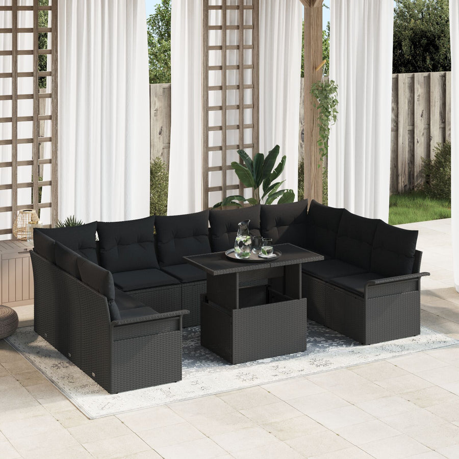 10-Delige Tuin Sofa Set Met Kussens Zwart Poly Rattan