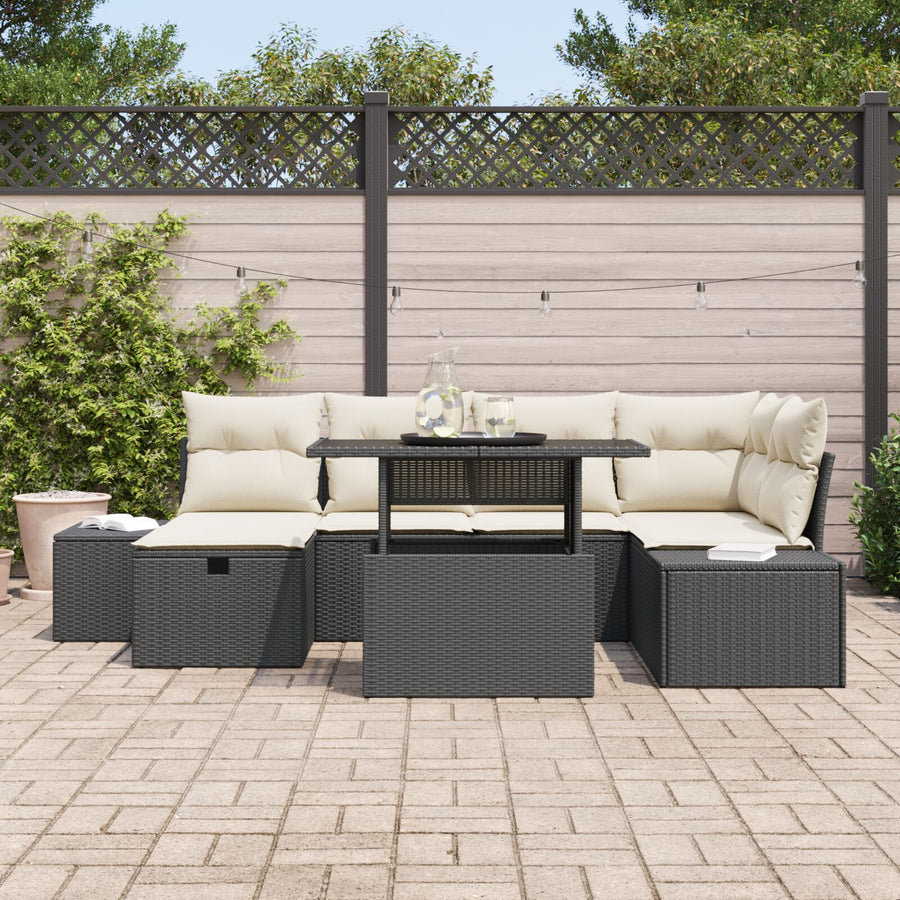 7-Delige Tuin Sofaset Met Kussens Zwart Poly Rattan Wit