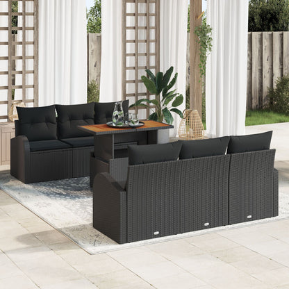 7-Delige Tuin Eetset Met Kussens Zwart Poly Rattan Acacia