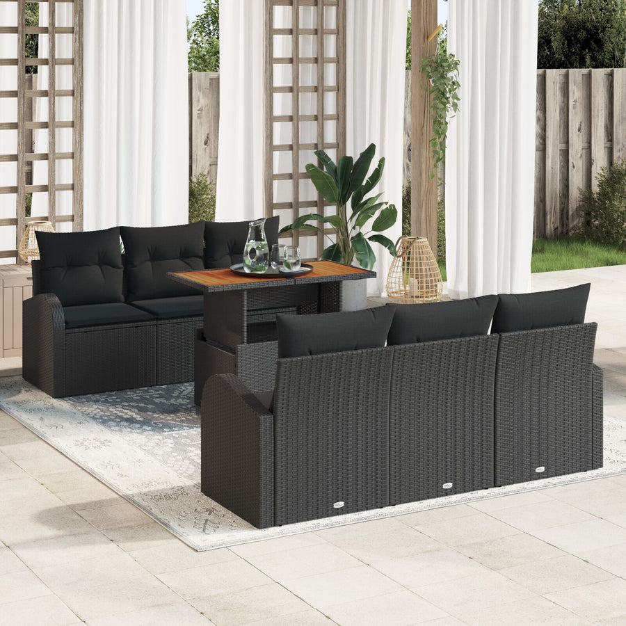7-Delige Tuin Eetset Met Kussens Zwart Poly Rattan Acacia