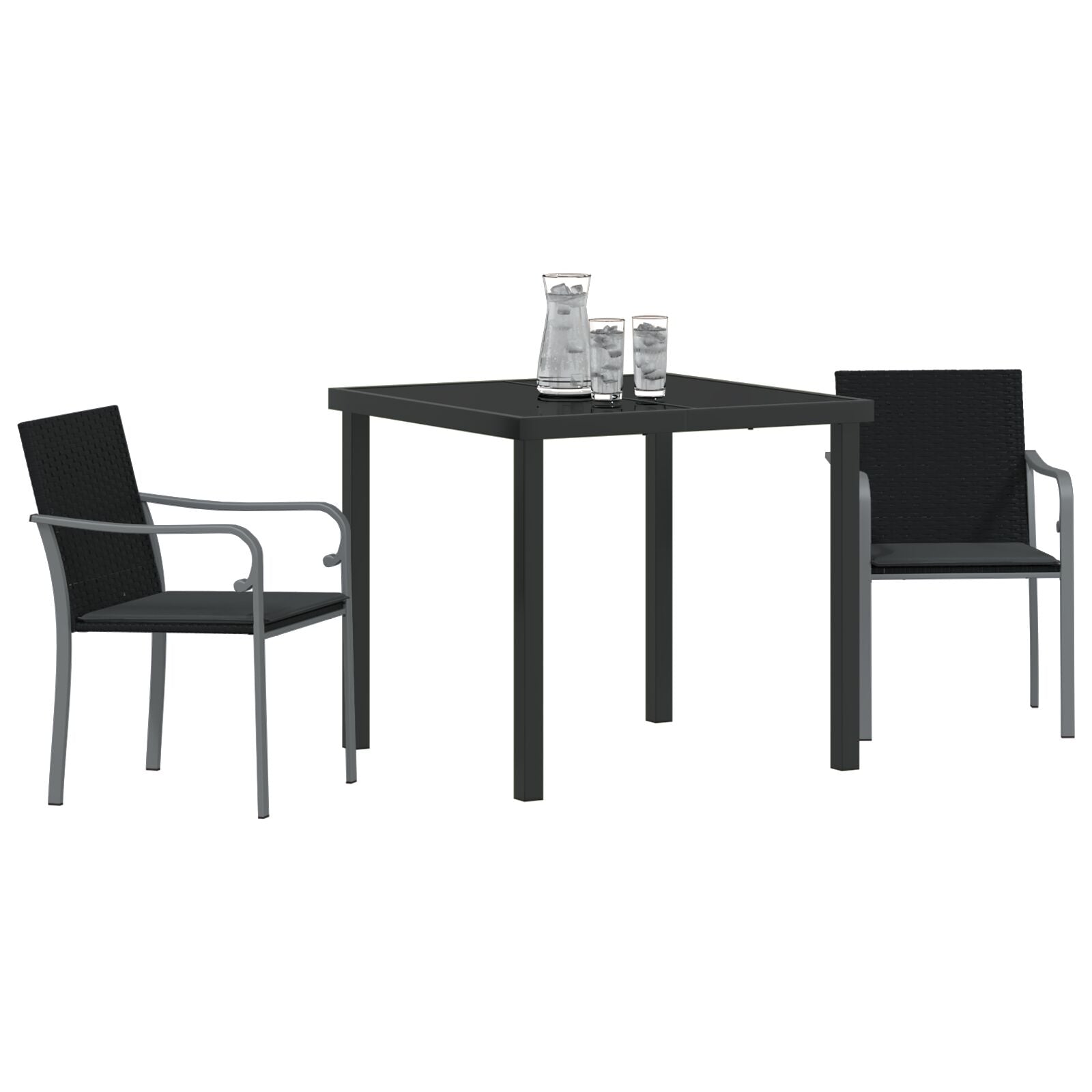 3-Delige Tuin Eettafelset Met Kussens - Poly Rattan 2-Zitter Zwart 80 cm