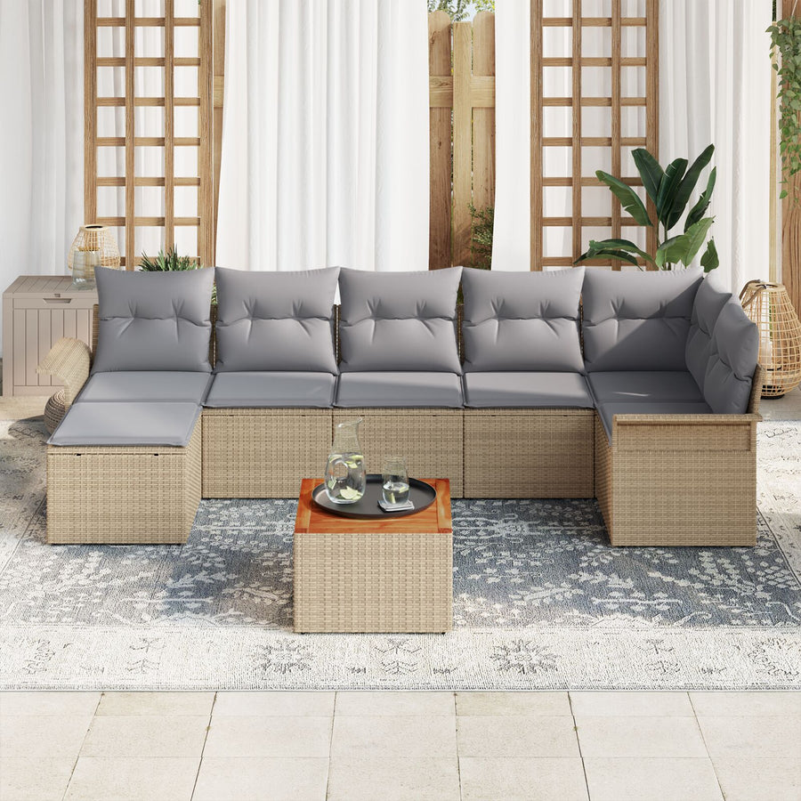 8-Delig Tuinbankstel Met Kussens In Beige Poly Rattan Acacia