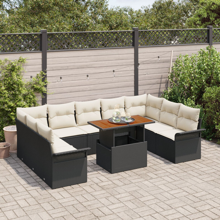10-Delige Tuin Eet Set Met Kussens Zwart Poly Rattan Acacia