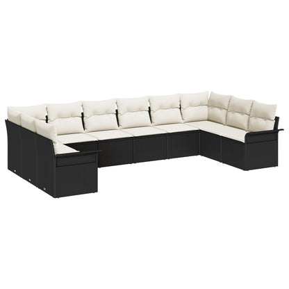 10-delig Tuin Sofa Set met Kussens Zwart Poly Rattan