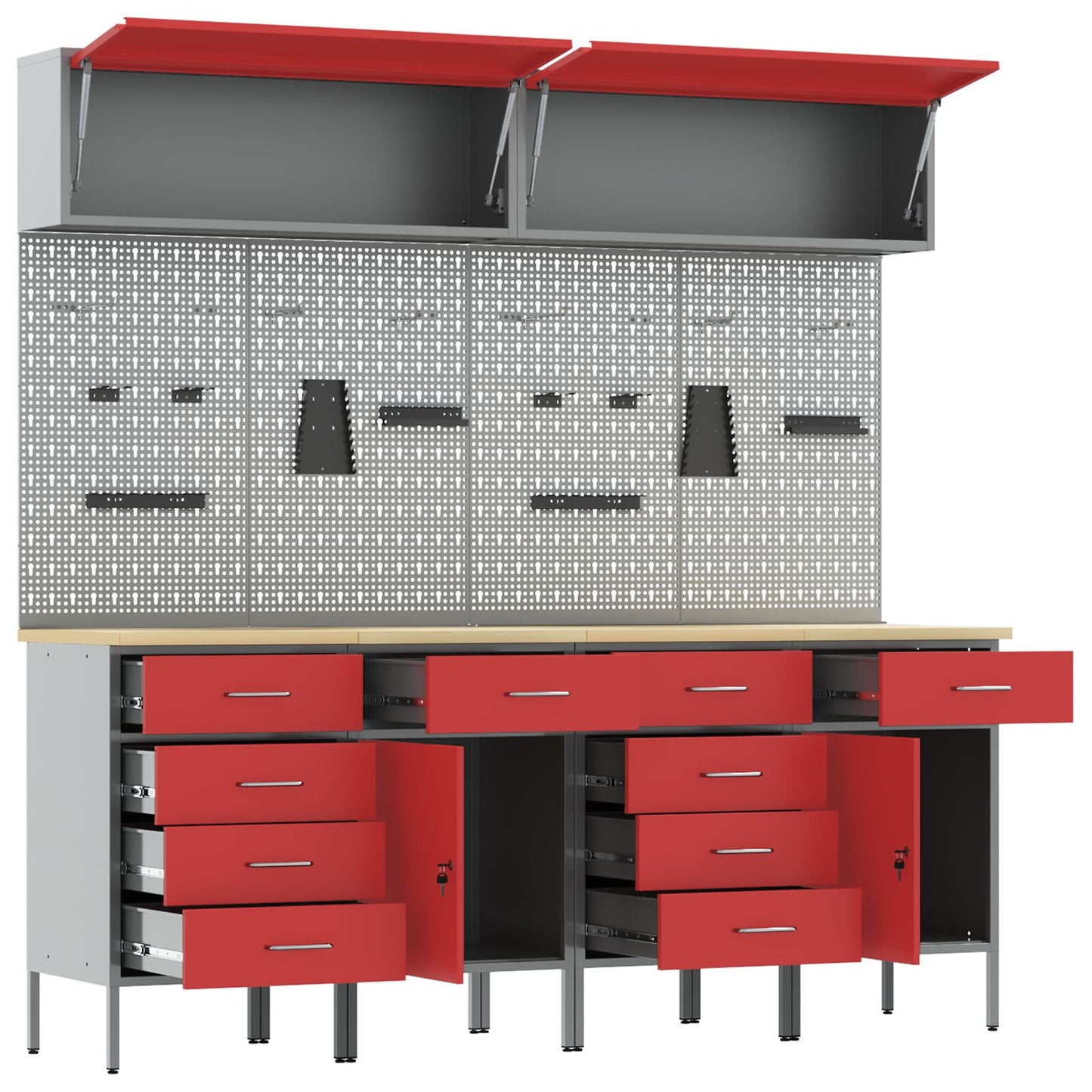 10-Delige Werkkast En Pegboard Set Mdf En Metaal 4x (2x84/2x85 cm) Rood 4x kast + 4x pegboard + 2x kast met deur