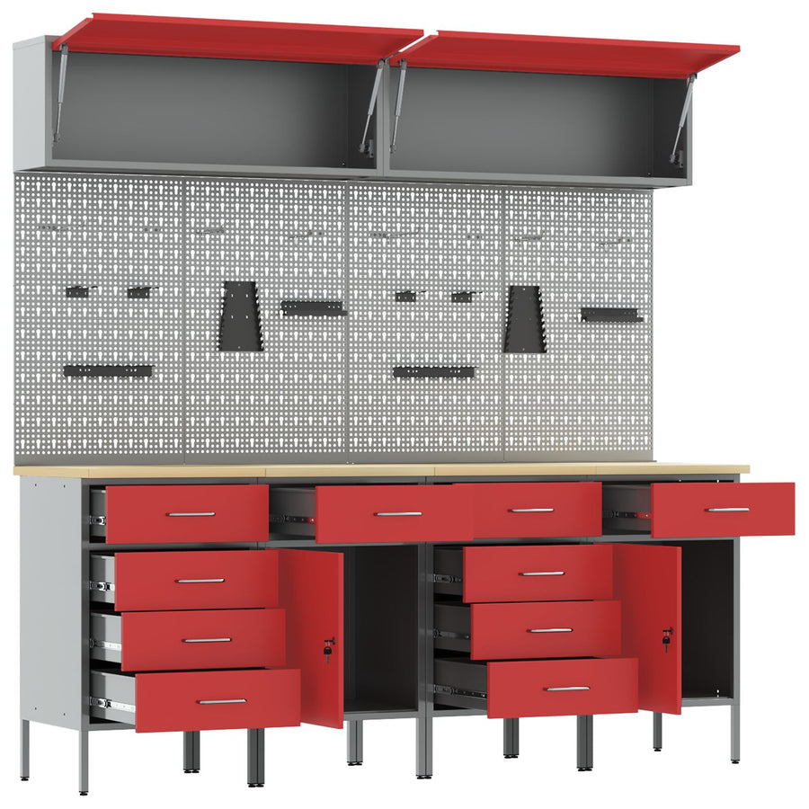 10-Delige Werkkast En Pegboard Set Mdf En Metaal 4x (2x84/2x85 cm) Rood 4x kast + 4x pegboard + 2x kast met deur