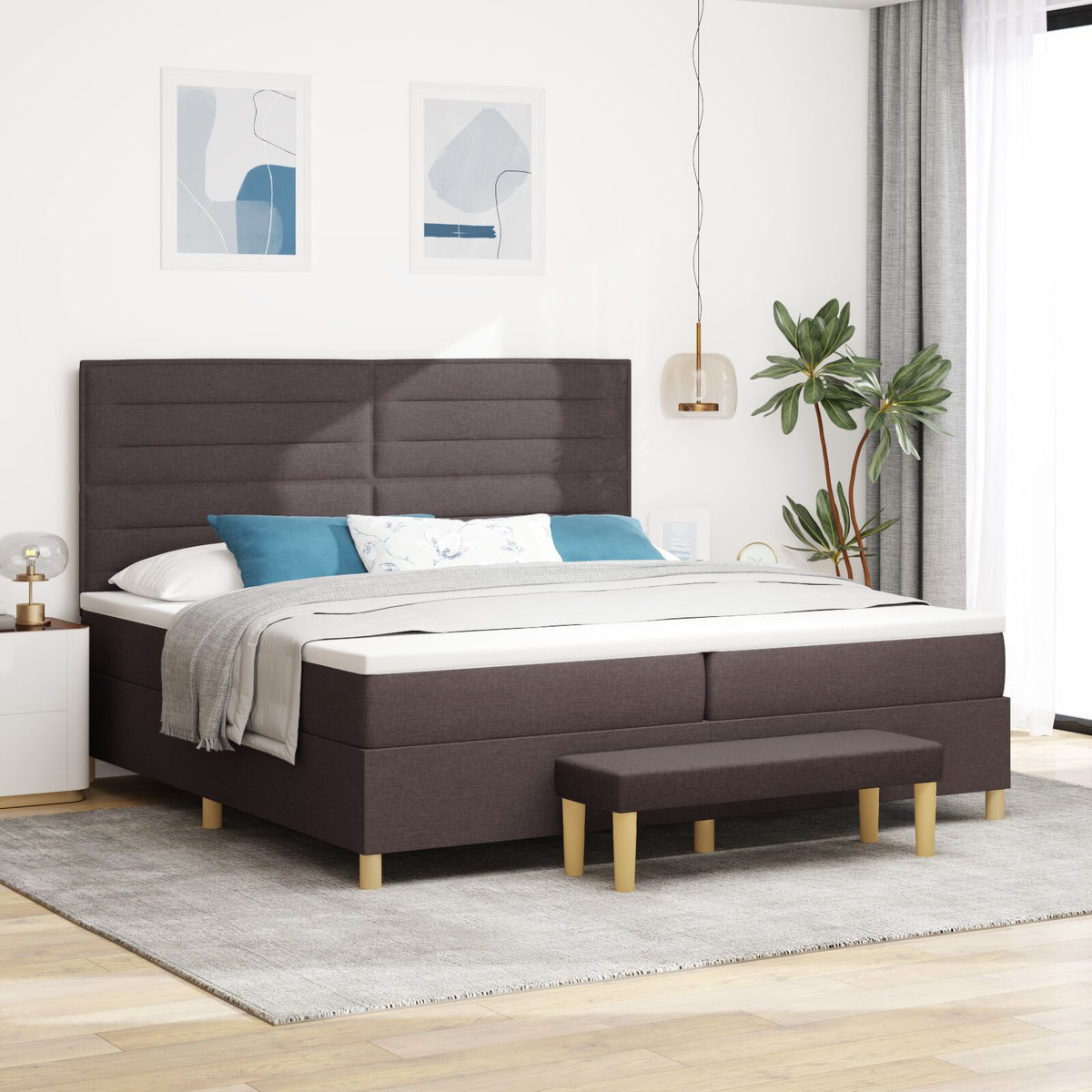 Boxspring Bed Met Matras & Bank Stof Donkerbruin 200 x 200 cm Lijnen ontwerp
