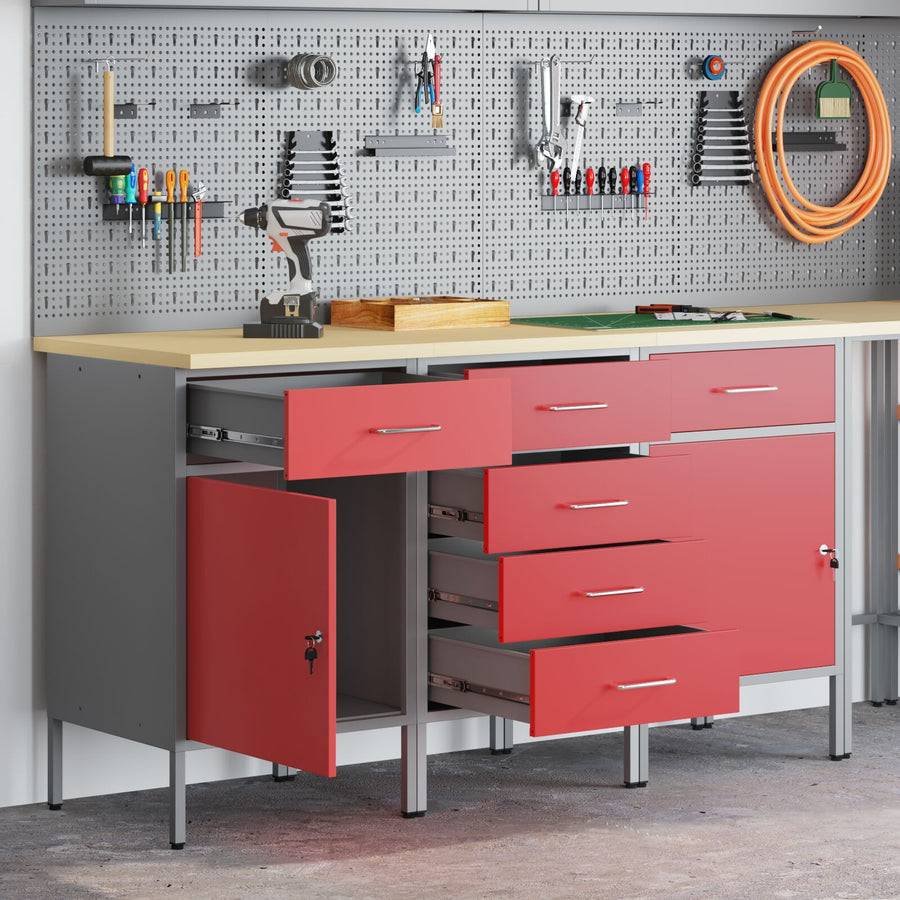 3-Delige Werkcabinetset & Grijs Van Gegalvaniseerd Hout En Staal 3x (84/84/85 cm) Rood 3x cabinet