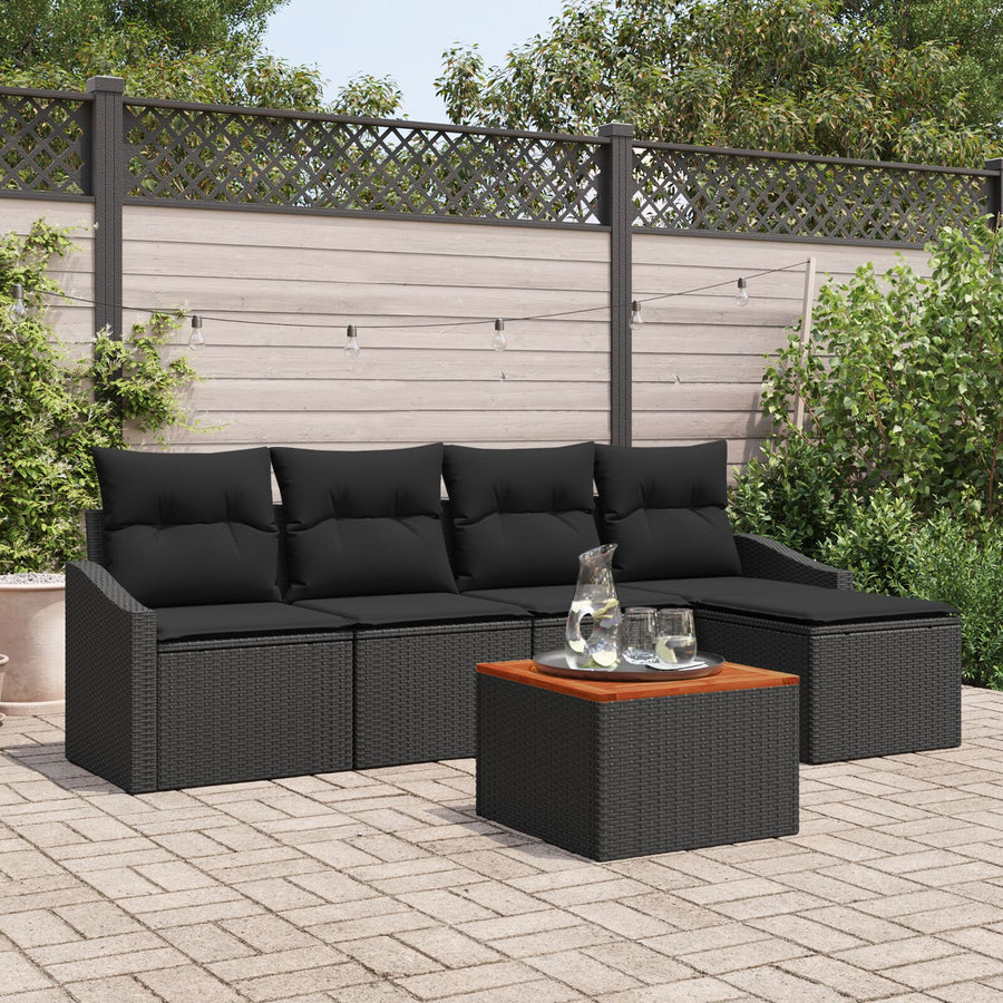 6-Delige Tuinbankset Met Kussens Zwart Poly Rattan Acacia
