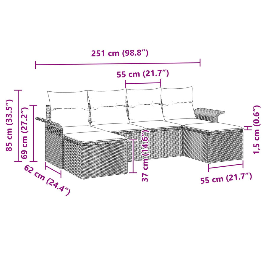 6 Delige Tuin Sofa Set Met Kussens Zwart Poly Rattan