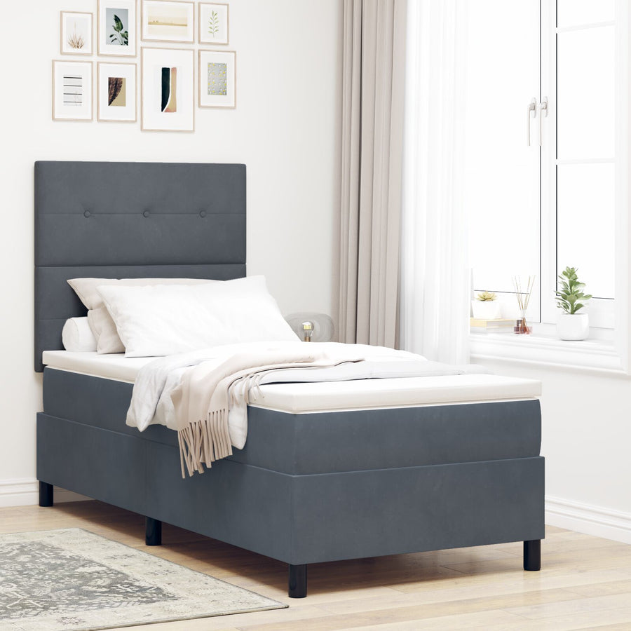 Boxspringbed Met Matras Donkergrijs Eenpersoons Fluweel Blauw
