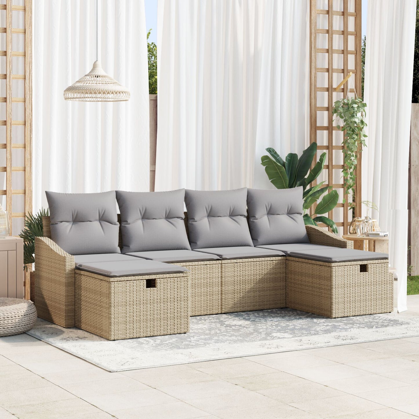 6-Delig Tuinbankstel Met Kussens Beige Poly Riet Wit