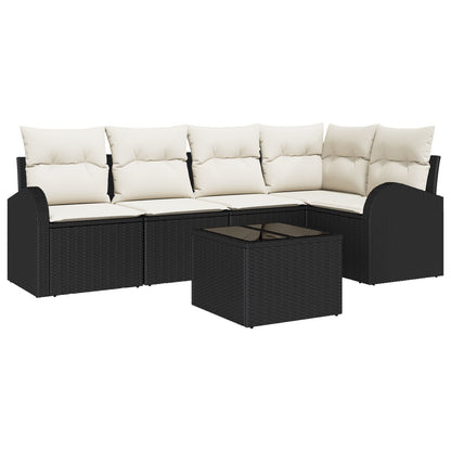 5-Delige Tuinbankset Met Kussens Bruin Poly Rattan Zwart en crème met tafel