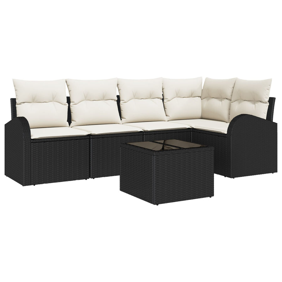 5-Delige Tuinbankset Met Kussens Bruin Poly Rattan Zwart en crème met tafel