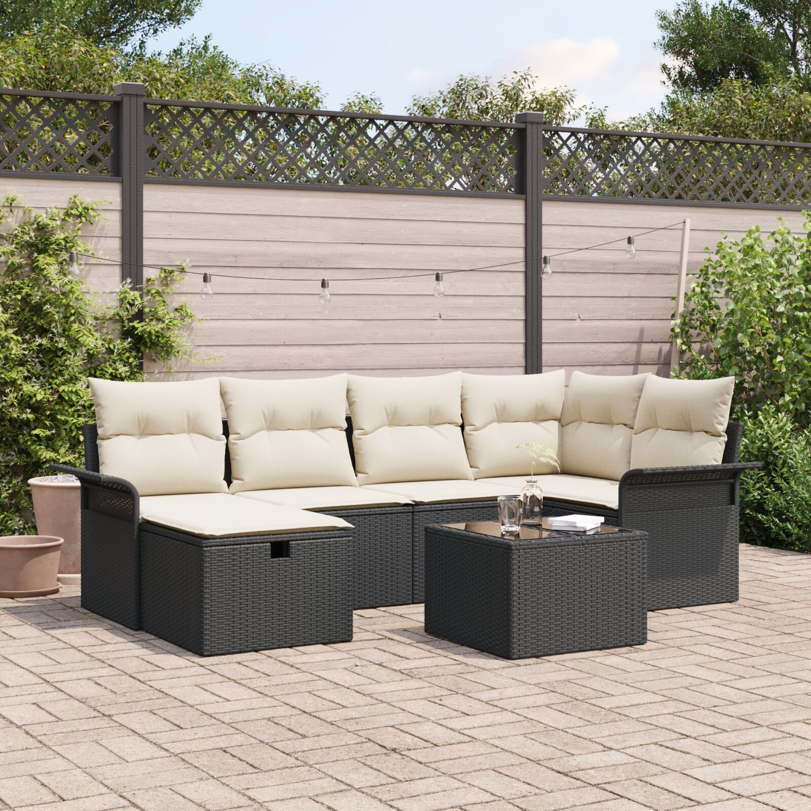7 Delige Tuin Sofa Set Met Kussens Zwart Poly Rattan