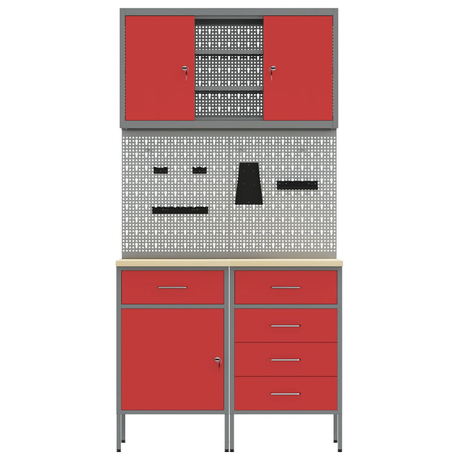 5-Delige Werkbank Set Staal 2x (84/85 cm) Rood 2x kast + 2x gereedschapspaneel + kast met deur