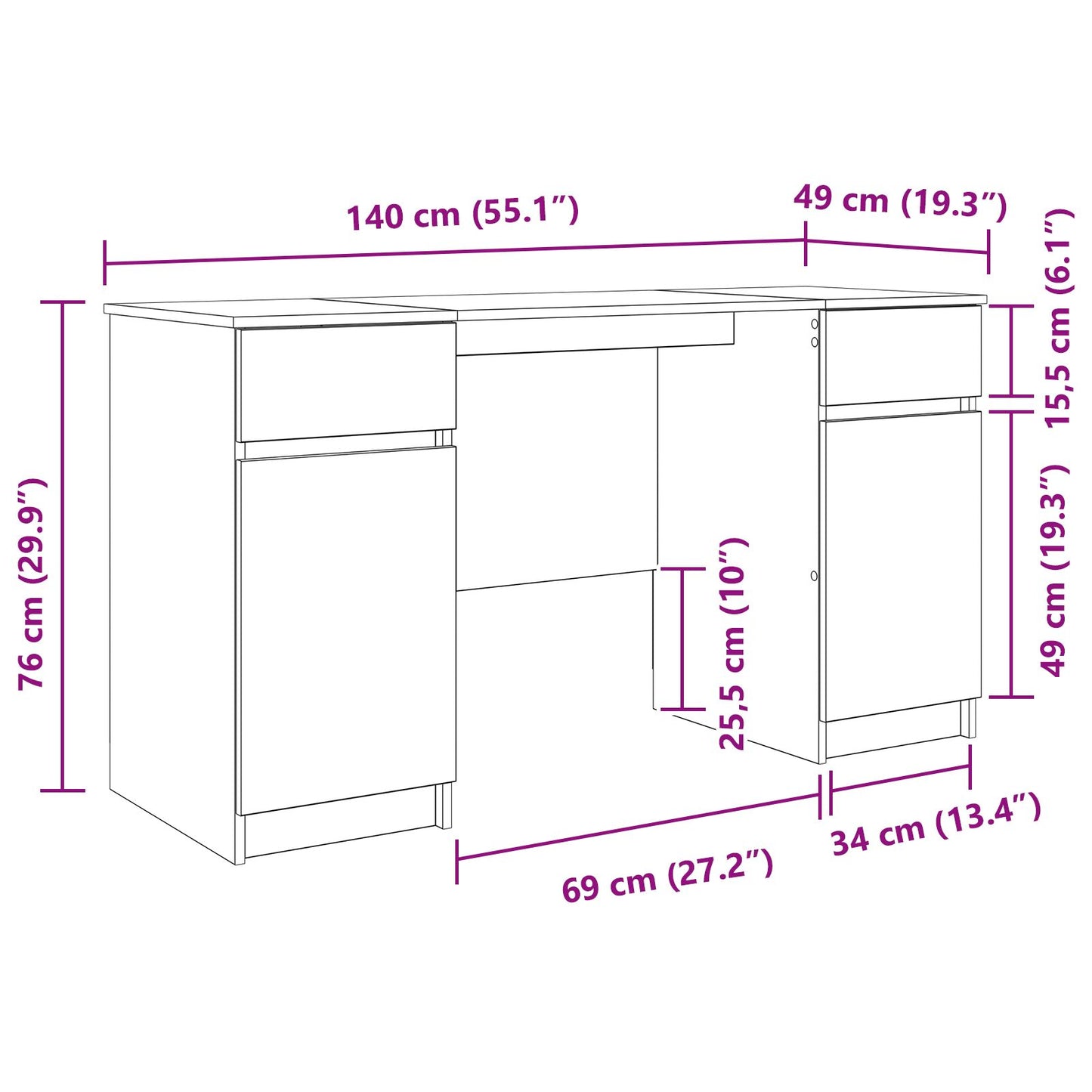 Bureau Artisan Eiken 140X49X76 Cm Bewerkt Hout