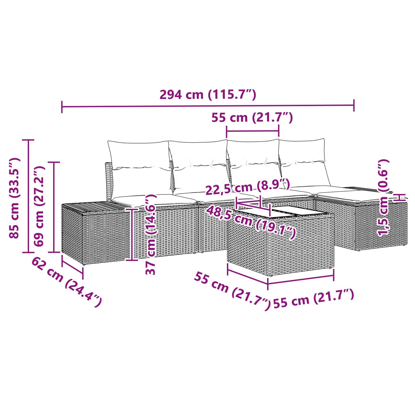 5-Delige Tuin Sofa Set Met Kussens Grijs Poly Rattan