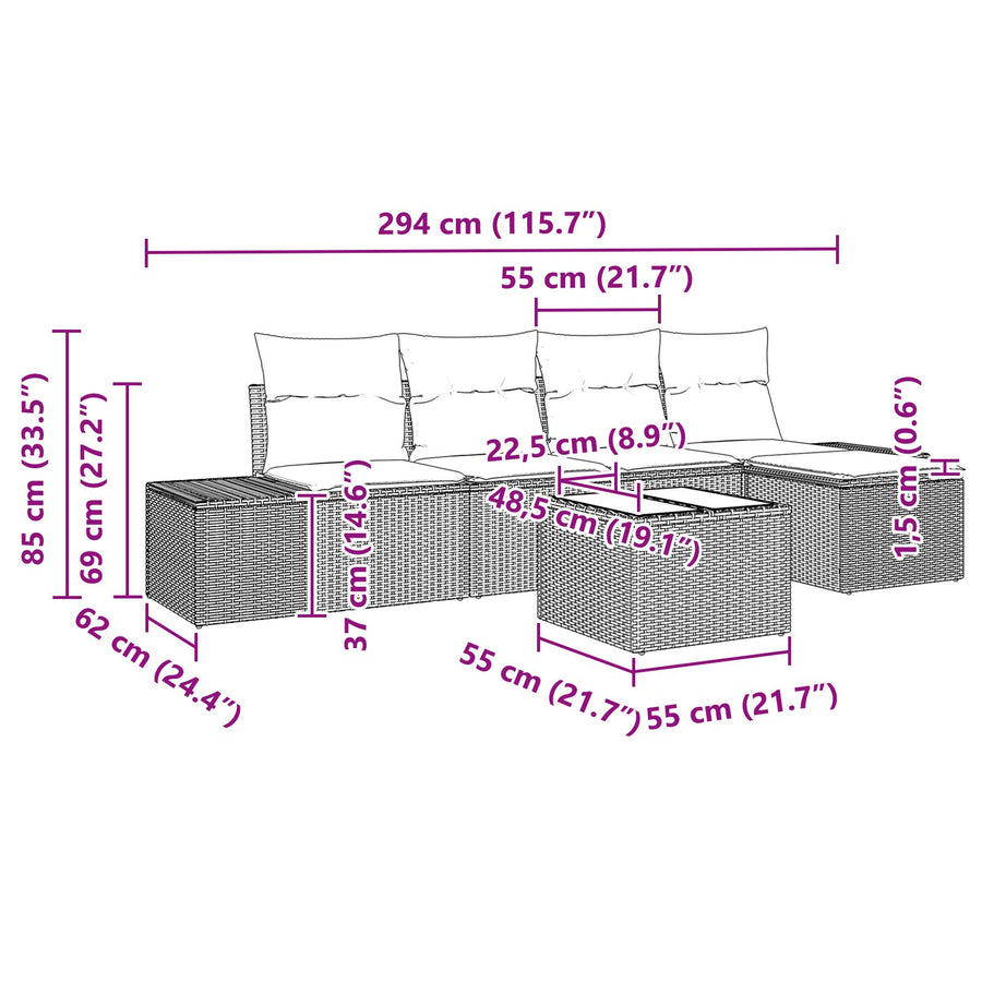 5-Delige Tuin Sofa Set Met Kussens Grijs Poly Rattan