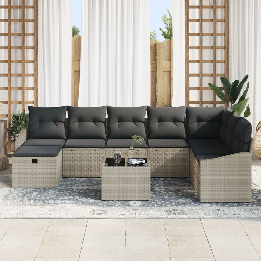 9-Delige Tuinsofa Set Met Kussens Lichtgrijs Poly Rattan